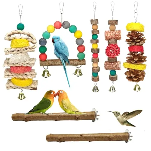 JOREWOOD 7 pack natural wood bird chew toy perches