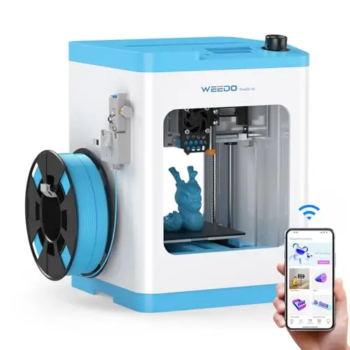 WEEDO Tina2S mini 3D printer with smartphone showing cloud app