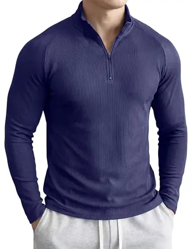 JMIERR 1/4 Zip Muscle Shirt in Navy Blue showing ribbed texture and zip detail