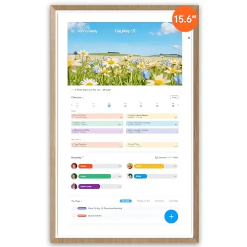 Apolosign 15.6-inch digital wall planner in a teak frame mounted in a kitchen
