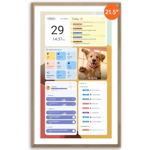 Apolosign 21.5-inch digital wall planner in a teak frame on a wall