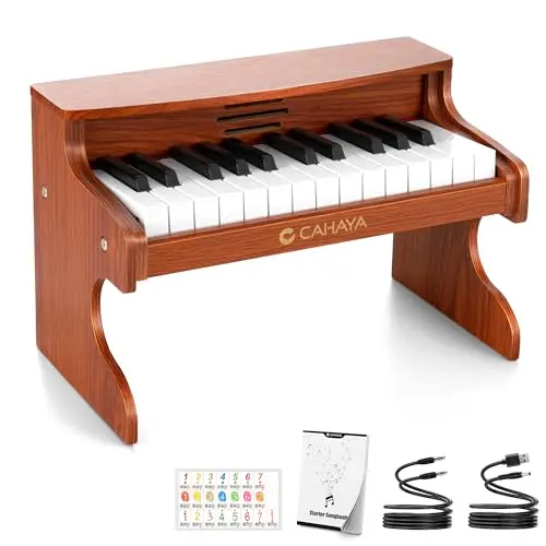 Wooden digital piano for kids with 25 keys, divided low and middle octave layout