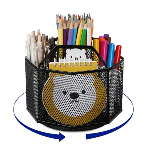 Comix black metal mesh rotating desk organizer with 5 compartments for pens