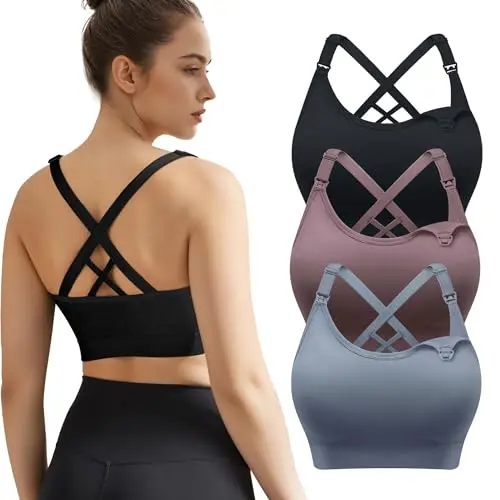 WELKSDG 3 Pack Seamless Nursing Sports Bras in Black, Blue, and Purple