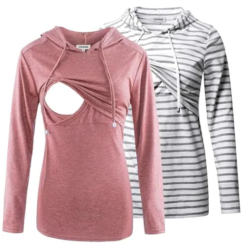 GINKANA women's nursing pullover hoodie in a striped pattern, showing the wrap-front design for breastfeeding.