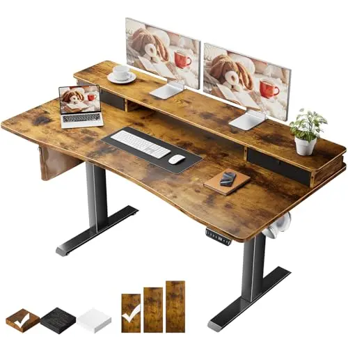 Veken electric standing desk with built-in monitor riser and storage drawers