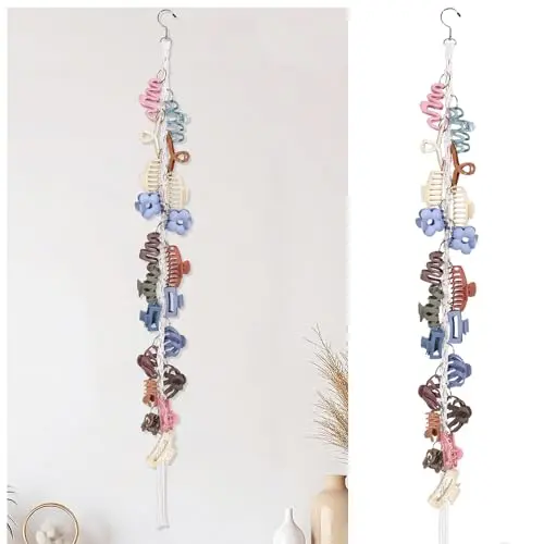SNOWSTAR bohemian-style macrame hair clip organizer hanging on a wall with metal rings