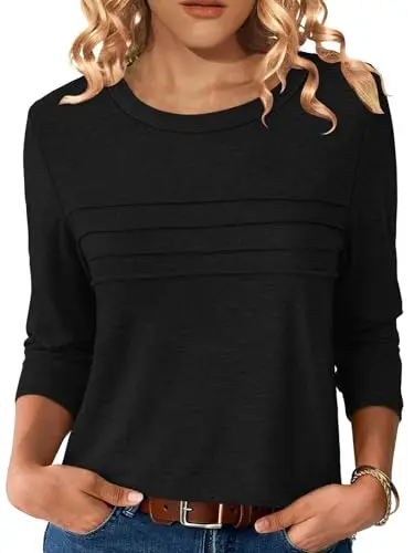 NORACORA black 3/4 sleeve round neck pleated top
