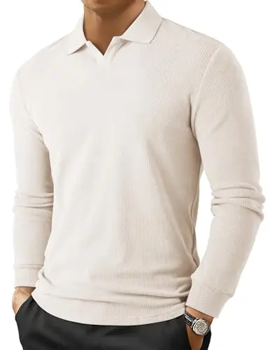 JMIERR Men's Seamless Buttonless Placket Polo in beige white