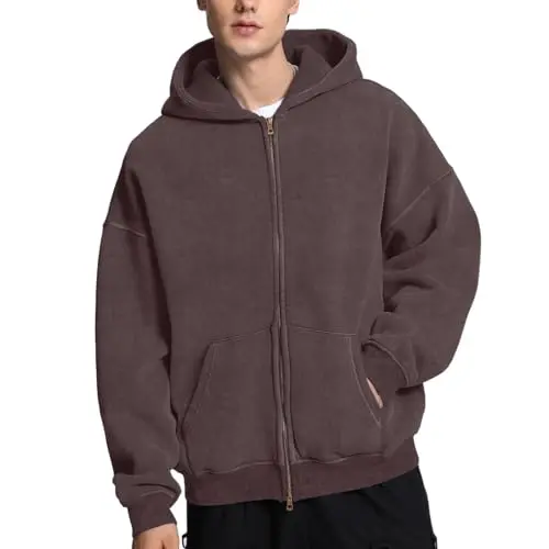 Faiable double zip up hoodie in chocolate brown, showing oversized fit and double zipper detail