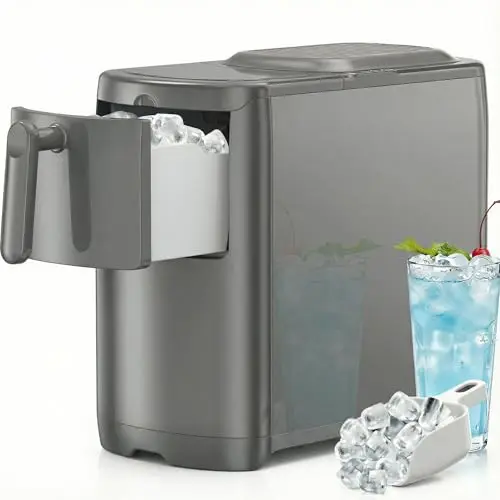 Electactic Countertop Ice Maker in grey, small and lightweight with a visible window