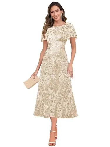 BOLENSYE petite sparkly mother of the bride dress with short sleeves and A-line skirt in champagne