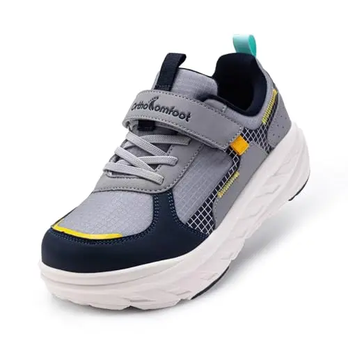 Kids Orthopedic Wide Toe Box Walking Shoes in grey with hook and loop straps