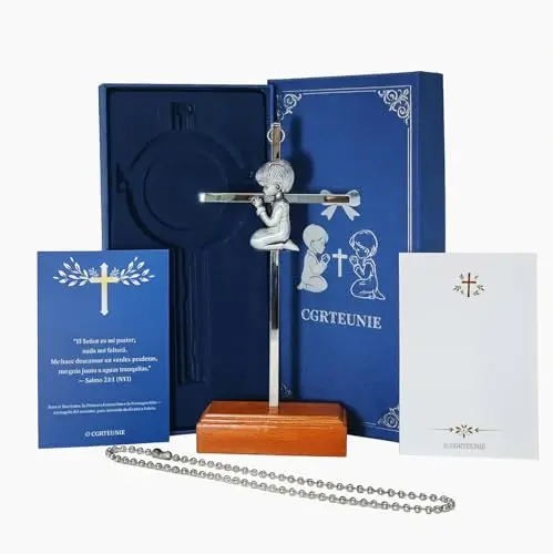 CGRTEUNIE 7-inch baptism gift set with a decorative wall cross, wooden display stand, and blessing cards.