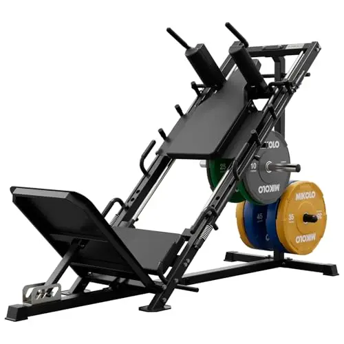 Mikolo Leg Press Hack Squat Machine Combo in black with weights loaded