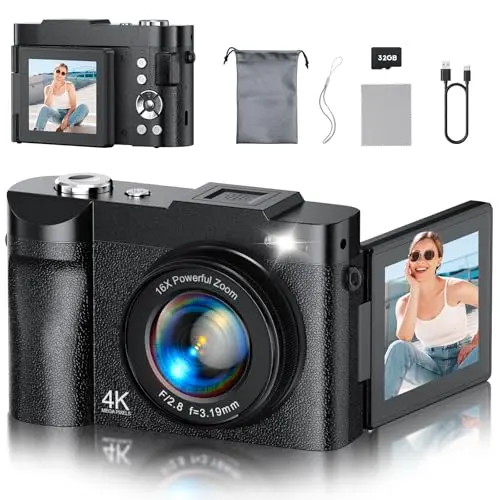 NEMUTA black compact 4K digital camera with flip screen