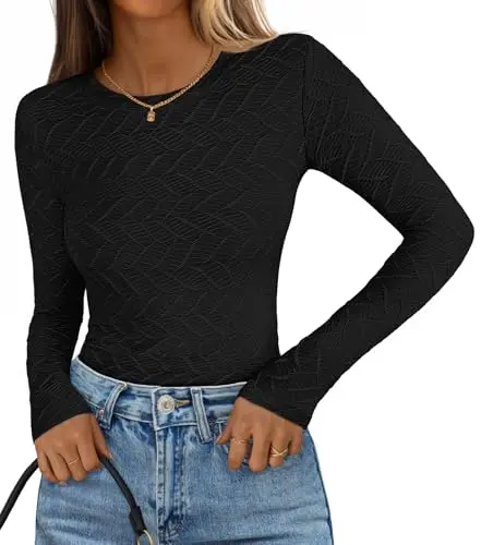 Merokeety Women's Fall Long Sleeve Shirt in black with textured pattern and fitted design