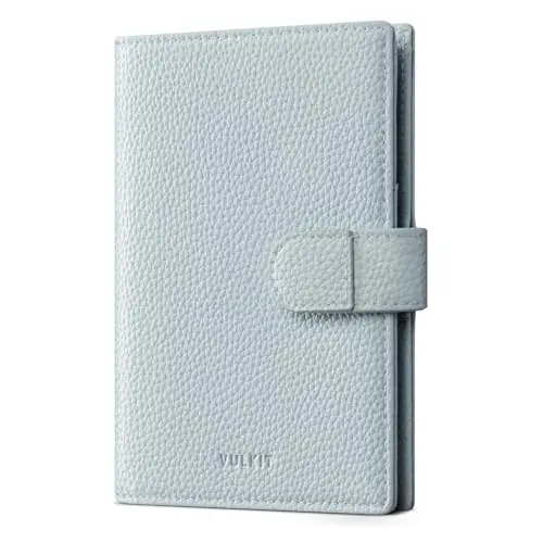 VULKIT light blue leather wallet for two passports, showing dual pockets, card slots, and a magnetic closure.