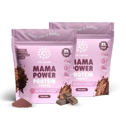 OAT MAMA Chocolate Mama Power Protein Powder tub with a spoon.