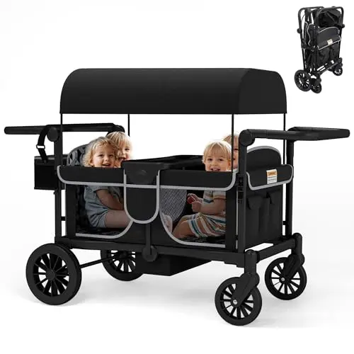 TOLEAD foldable 4-seater wagon stroller with black canopy