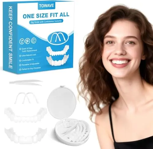 TOWAVE temporary veneers kit showing upper and lower teeth covers on a blue background