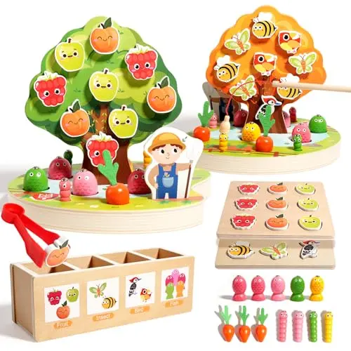 INIFEIDALA wooden toddler sensory toy set with fishing, picking, and sorting