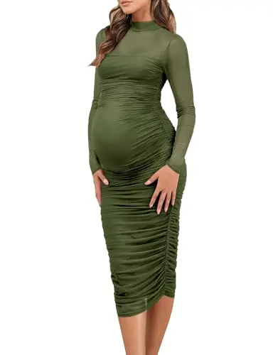 Green mesh mock neck long sleeve maternity dress with ruching