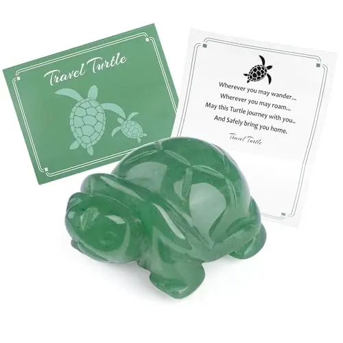 Polished green aventurine stone carved into a small turtle figurine, a symbol of travel luck