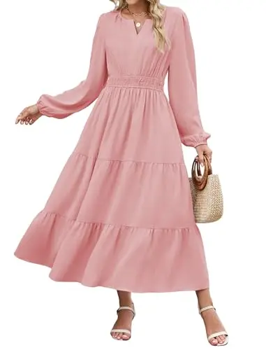 Zaful Long Sleeve Maxi Dress in pink with V-neck and tiered skirt