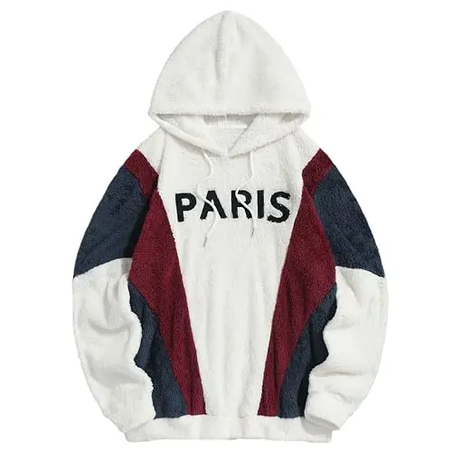 Zaful men's sherpa fuzzy pullover with hood and color block design