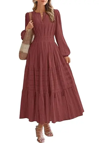 BTFBM women's long sleeve v-neck tiered maxi dress with pockets