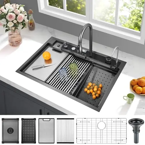 Kunoqi smart waterfall kitchen sink with LED display and gunmetal black finish
