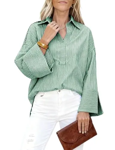 Watashi Button-Down Shirt in green with striped pattern and long bell sleeves