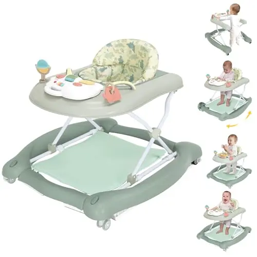 Howeemo 5-in-1 baby walker in light green, shown in walker and rocker modes.