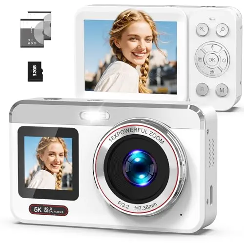Hoorola white compact digital camera with dual screens showing clear photo quality