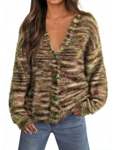 Merokeety women's fuzzy colorful knit cardigan in coffee color