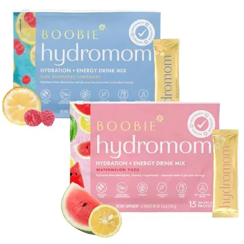 Boobie Hydromom Watermelon Yuzu and Blue Raspberry Lemonade electrolyte drink mix packets