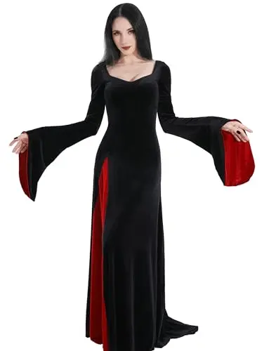 QRT Morticia Addams velvet dress in black with long sleeves and fishtail hem