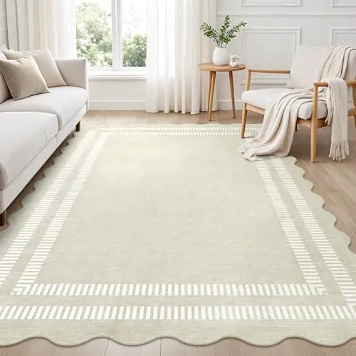 LORWER ivory solid rug with scalloped edges in a modern room
