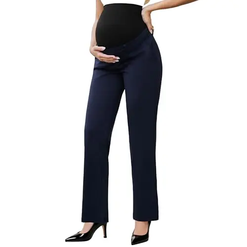 Ecavus navy blue seamless maternity dress pants with a threaded support band