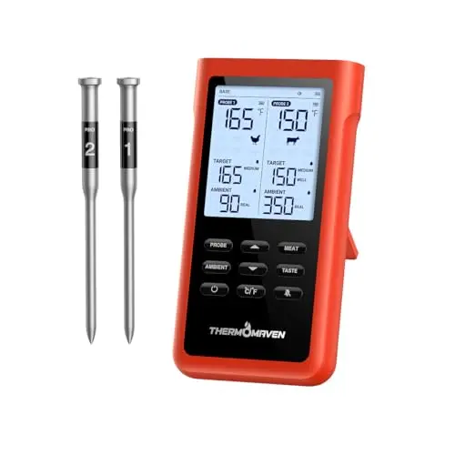 ThermoMaven X2 wireless meat thermometer with red standalone LCD display