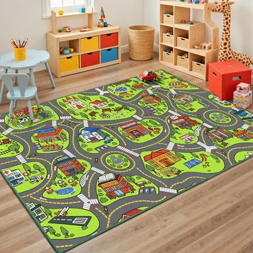 Arenarug kids car rug with detailed city map of 18 buildings and seamless edges