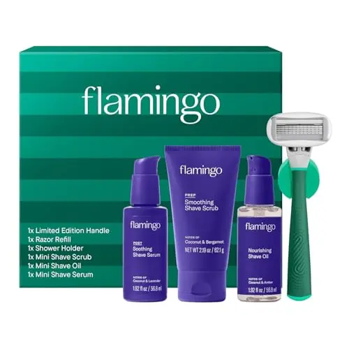 Flamingo Complete Shave Set for women with razor, mini scrub, oil, serum, and shower holder in gift box