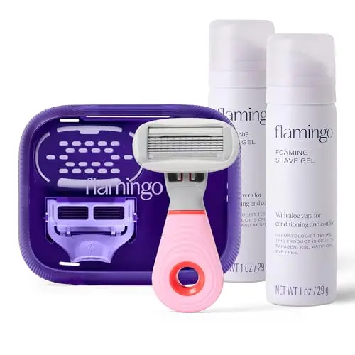 Flamingo Travel Razor Kit for women with mini handle, blades, shave gels, and vented case