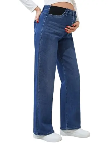 FABRACK women's wide leg maternity jeans with expandable waist