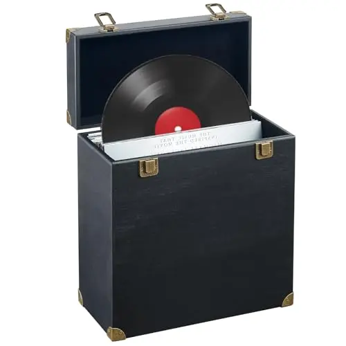 Solid wood vintage-style suitcase case for vinyl records with an acrylic display window, leather handle, and metal latches.