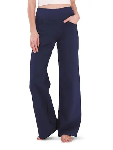 Houmous Wide Leg Pants in navy blue, showing wide leg silhouette and pockets