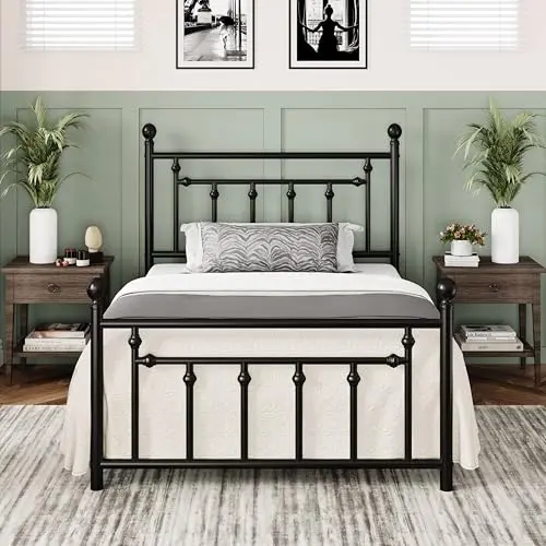 Allewie black metal twin bed with ornate vintage-style headboard and footboard