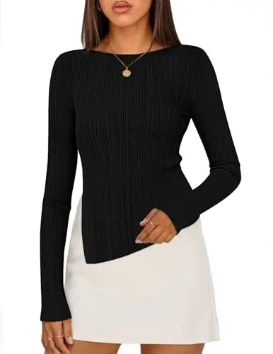 MEROKEETY women's boat neck ribbed asymmetric sweater in black