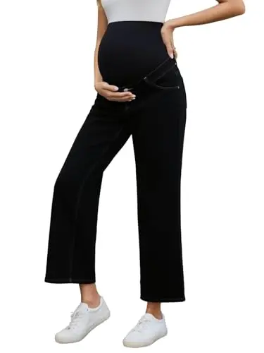 Ecavus black wide-leg maternity jeans with a comfort stretch denim and pockets